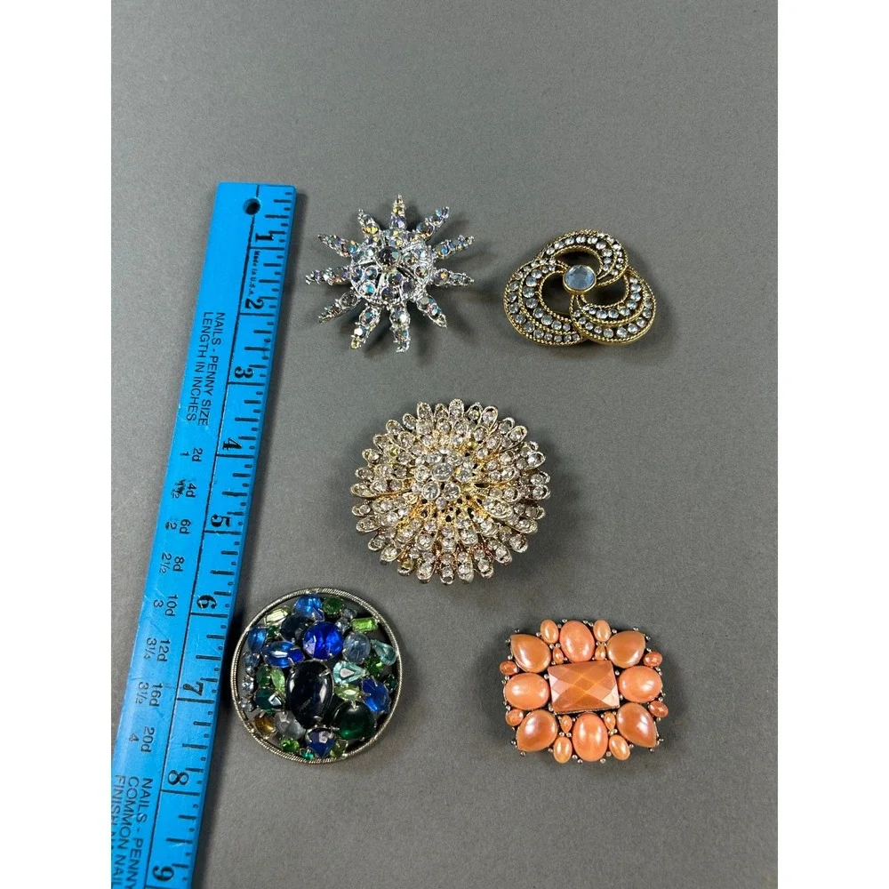 Vintage Costume Jewelry Brooch Lot 5pc Rhinestone Sunburst Floral Cabochon Pins